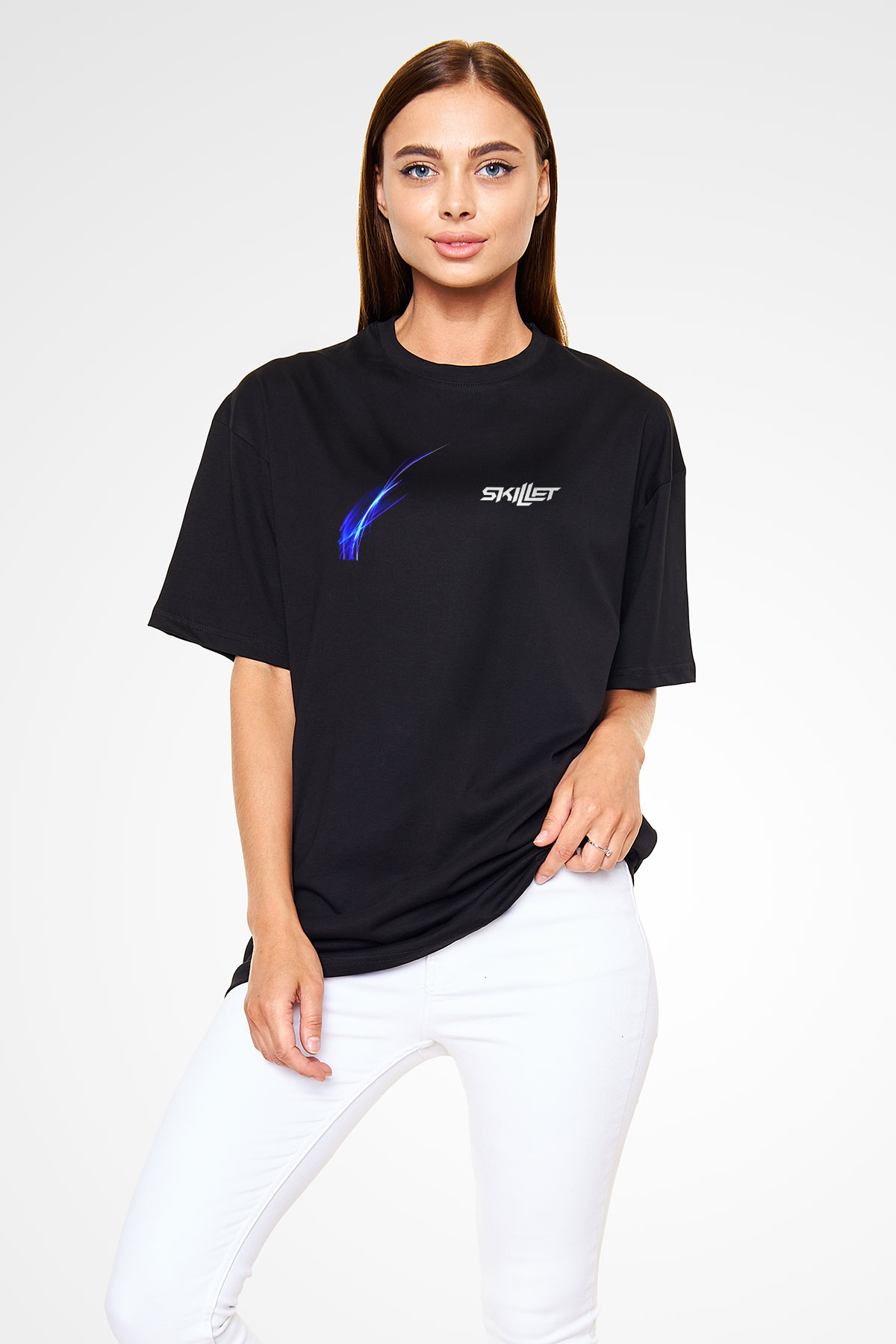 Skillet Baskılı Unisex Siyah Oversize Tişört - Tshirt