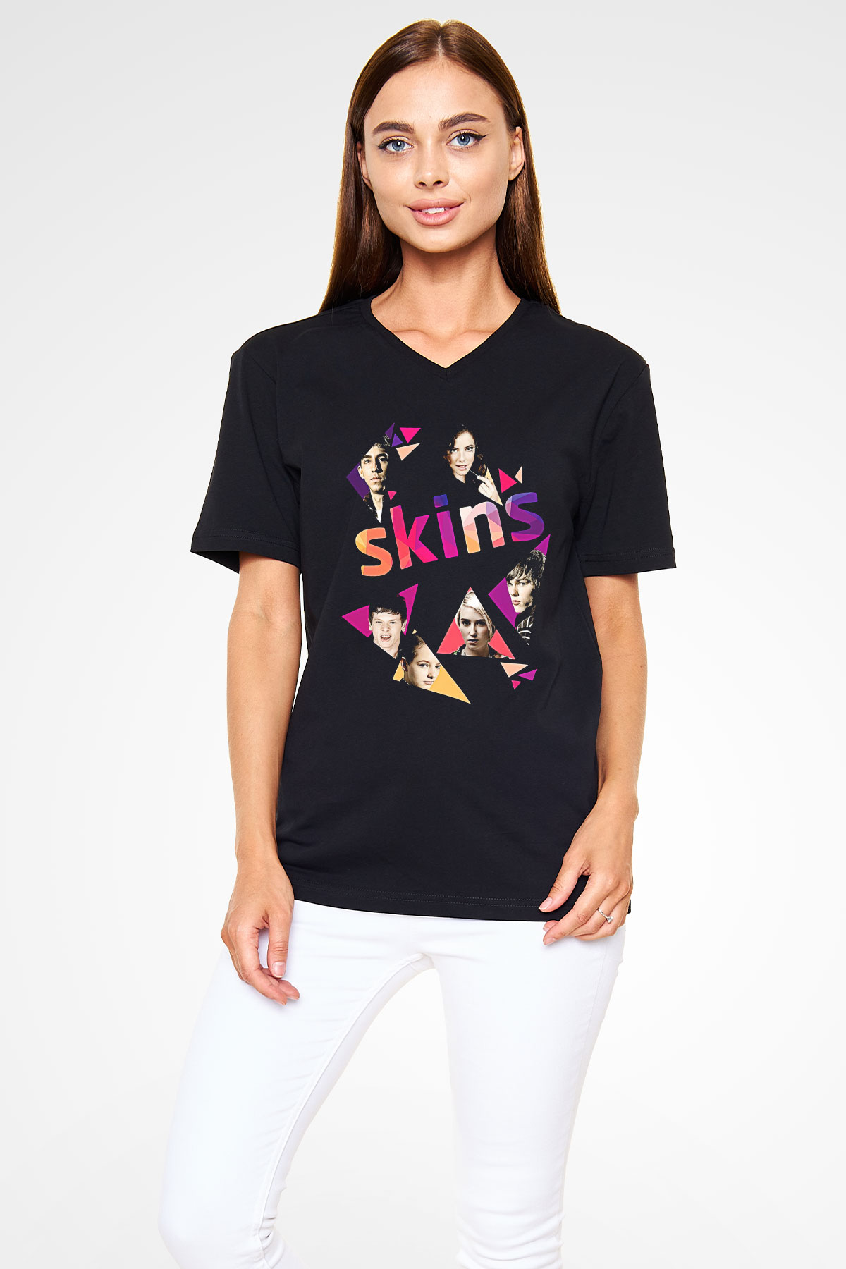 Skins Baskılı Unisex Siyah V Yaka Tişört - Tshirt