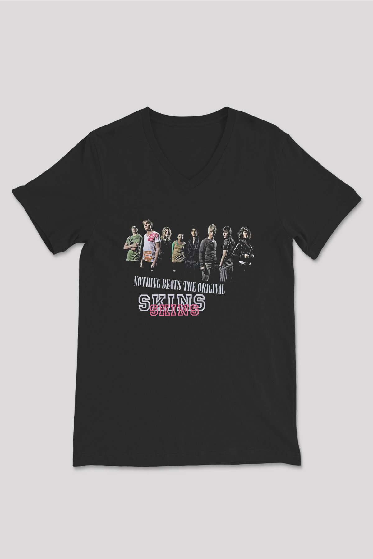 Skins Baskılı Unisex Siyah V Yaka Tişört - Tshirt