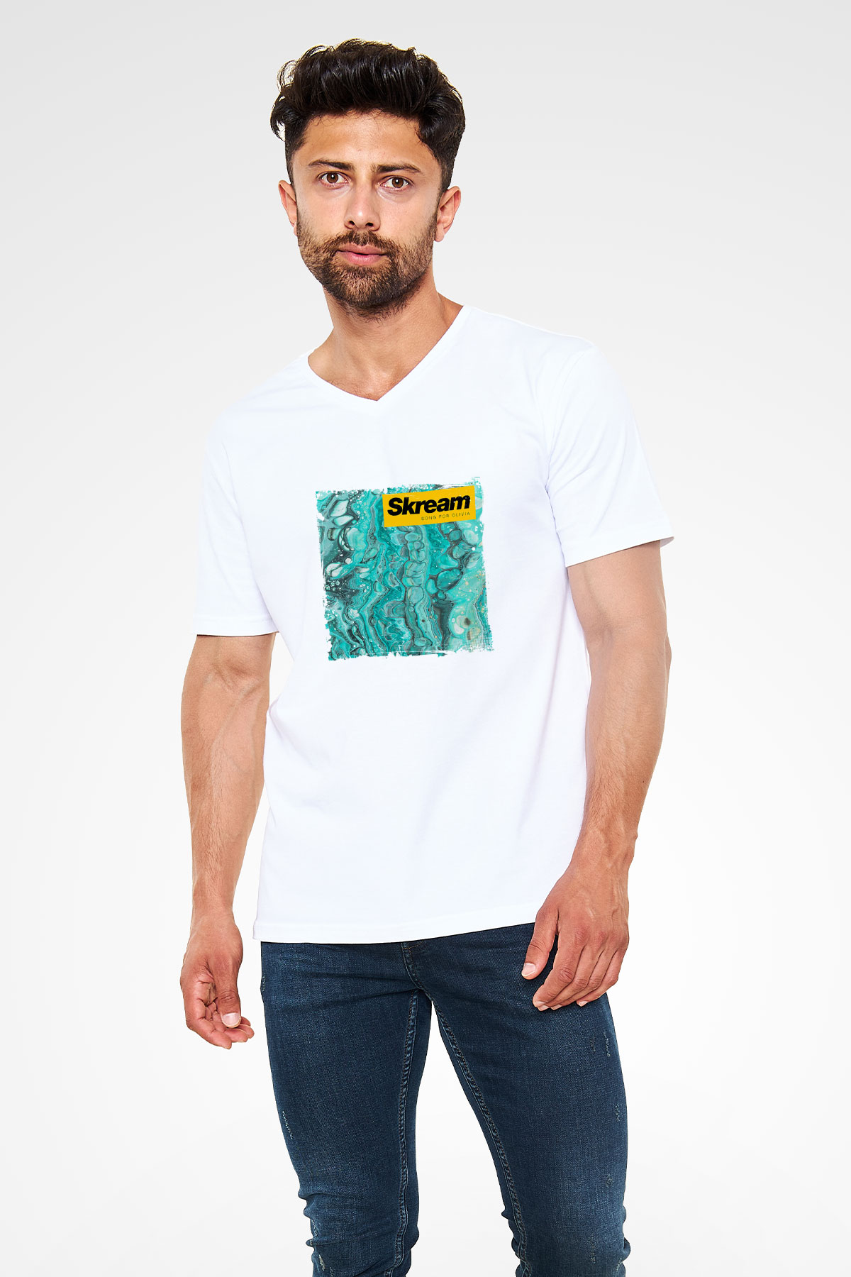 Skream Baskılı Beyaz V Yaka Unisex Tişört
