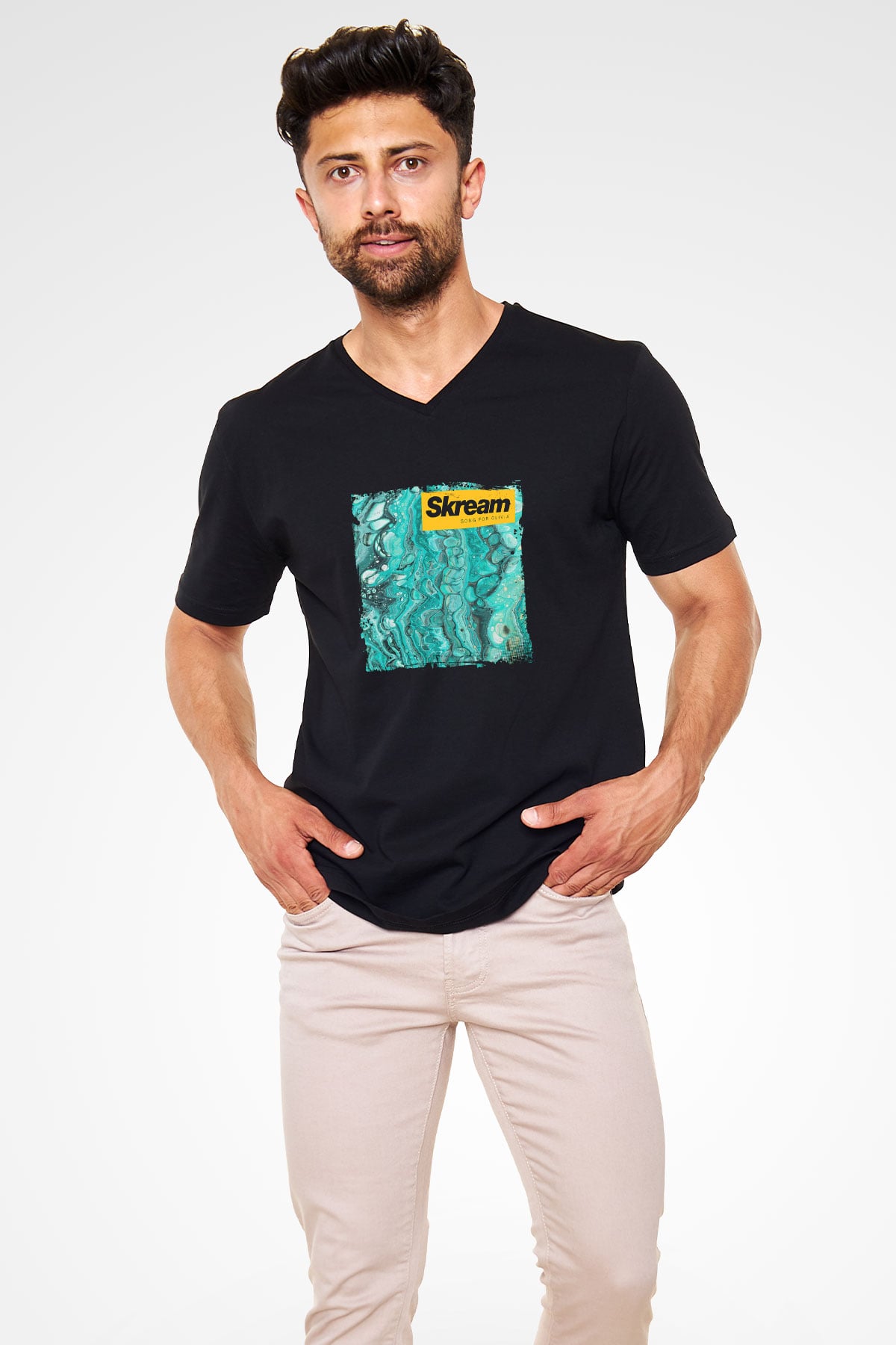 Skream Baskılı Unisex Siyah V Yaka Tişört