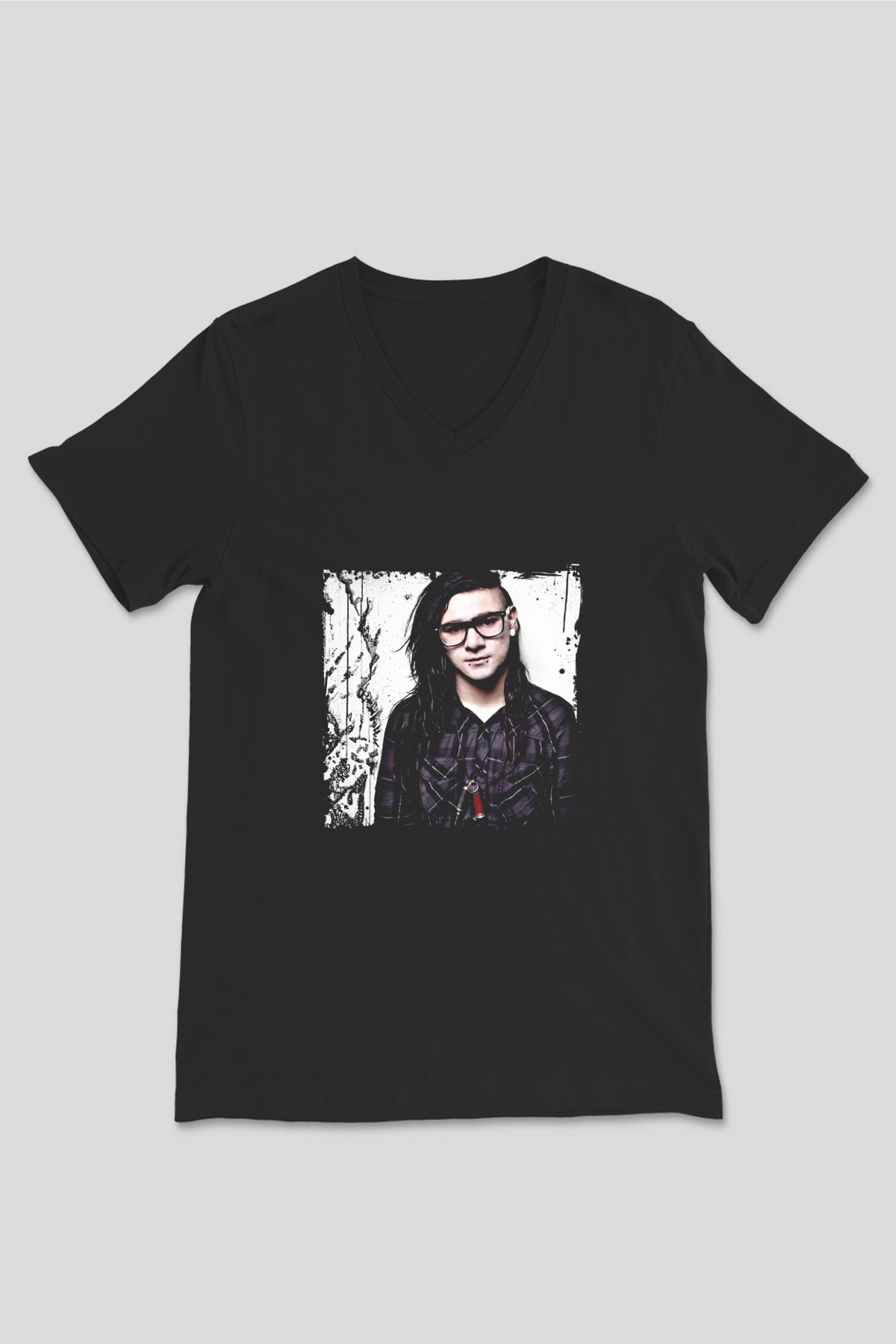 Skrillex Baskılı Unisex Siyah V Yaka Tişört