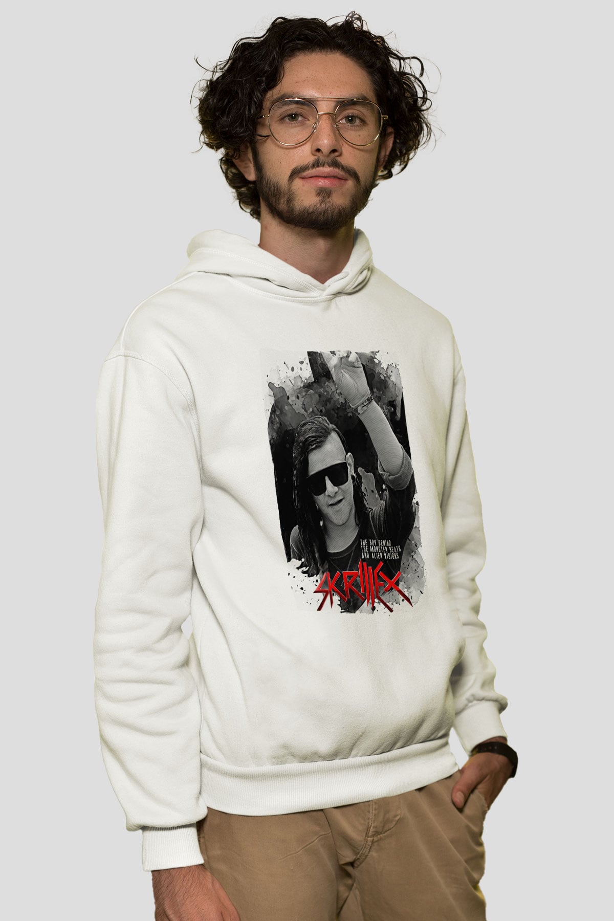 Skrillex Beyaz Unisex Kapüşonlu Sweatshirt