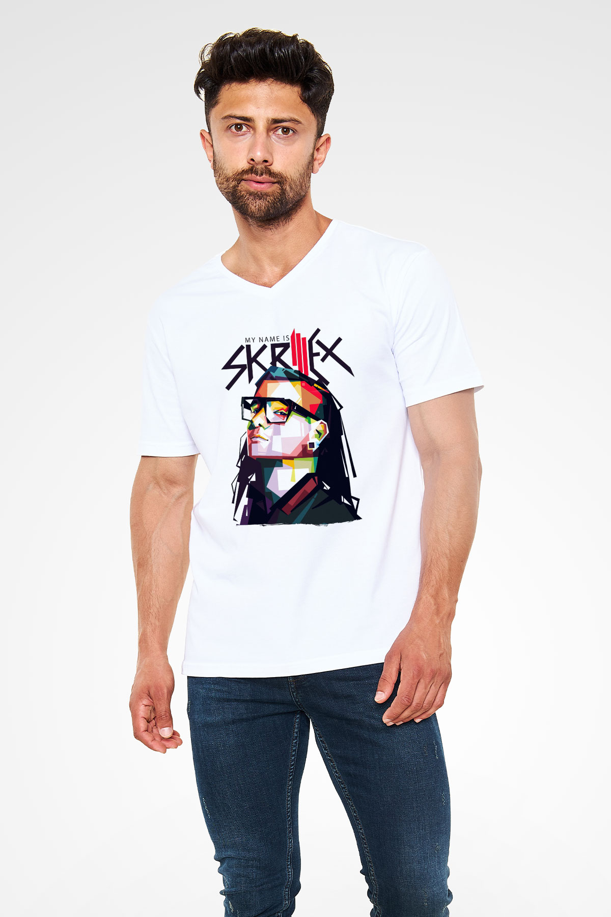 Skrillex Beyaz Unisex V Yaka Tişört