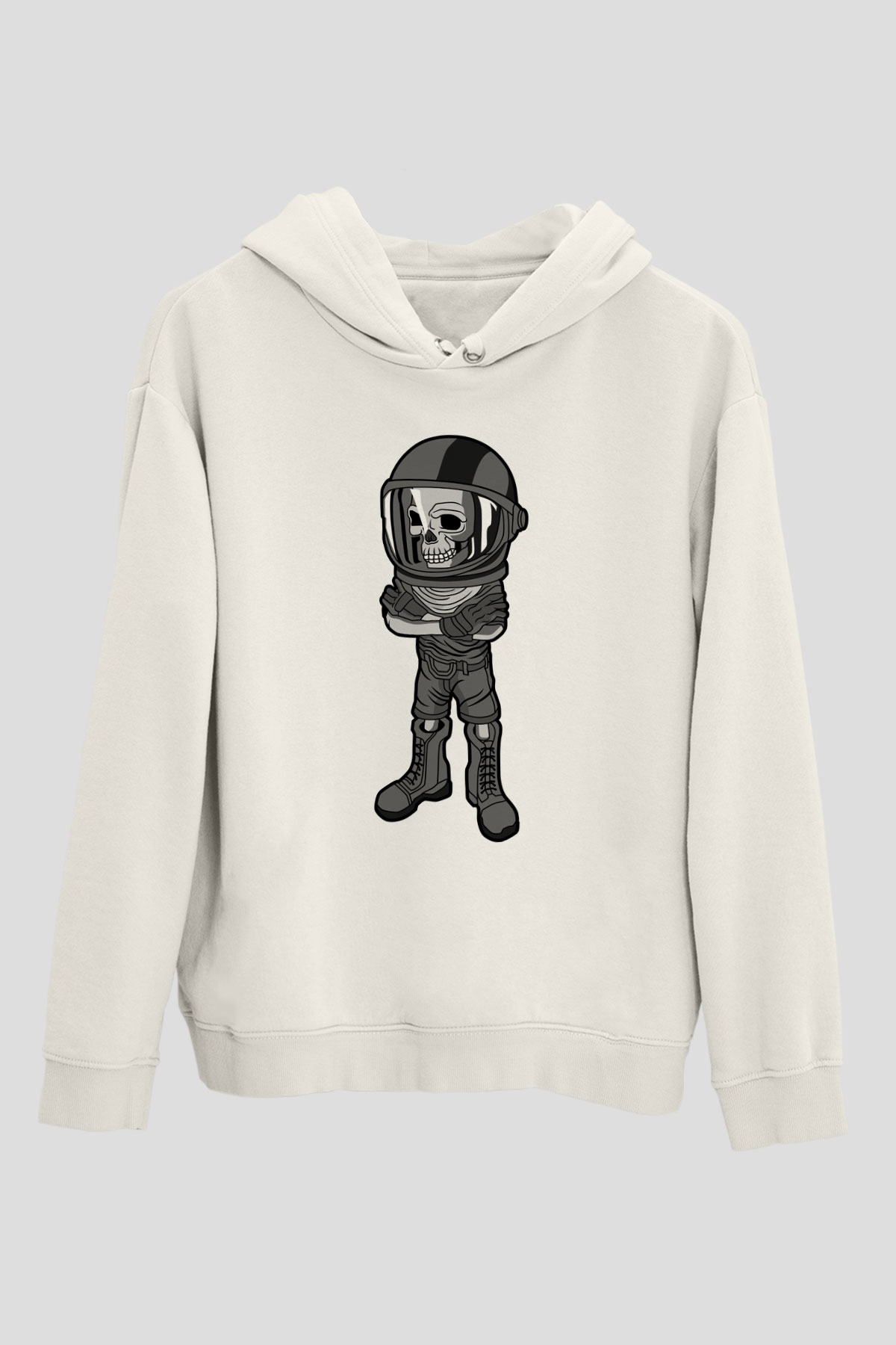 Skull Helmet Baskılı Beyaz Unisex Hoodie