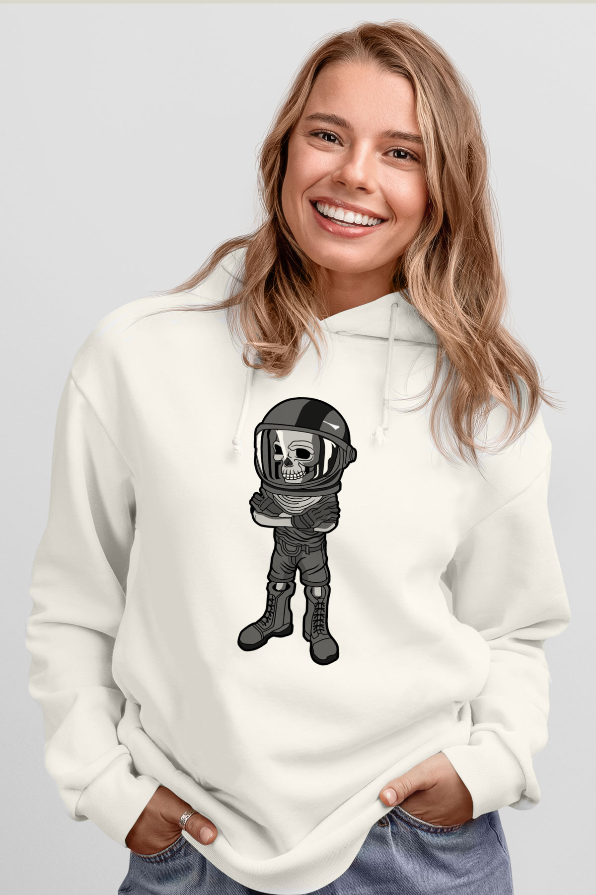 Skull Helmet Baskılı Beyaz Unisex Hoodie