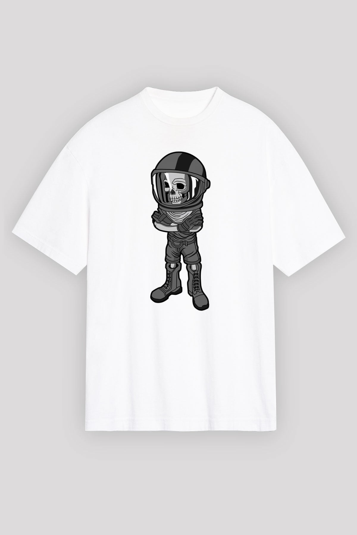 Skull Helmet Baskılı Beyaz Unisex Oversize Tişört