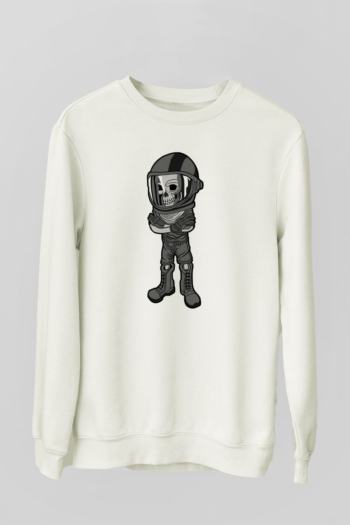 Skull Helmet Baskılı Beyaz Unisex Sweatshirt