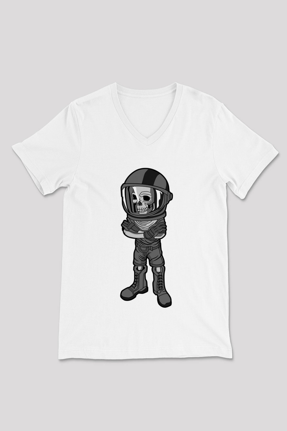 Skull Helmet Baskılı Beyaz Unisex V Yaka Tişört