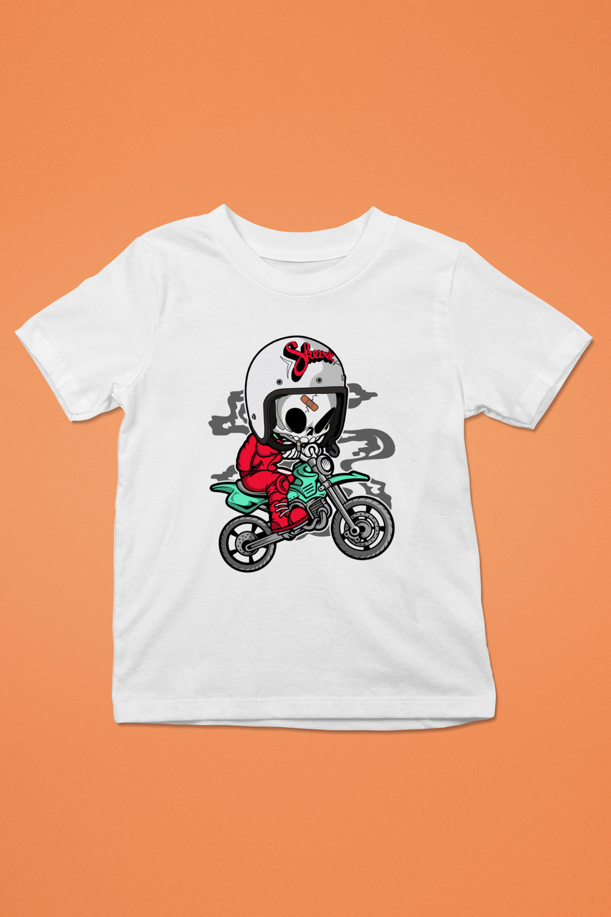 Skull Motocrosser Baskılı Beyaz Unisex Çocuk Tshirt