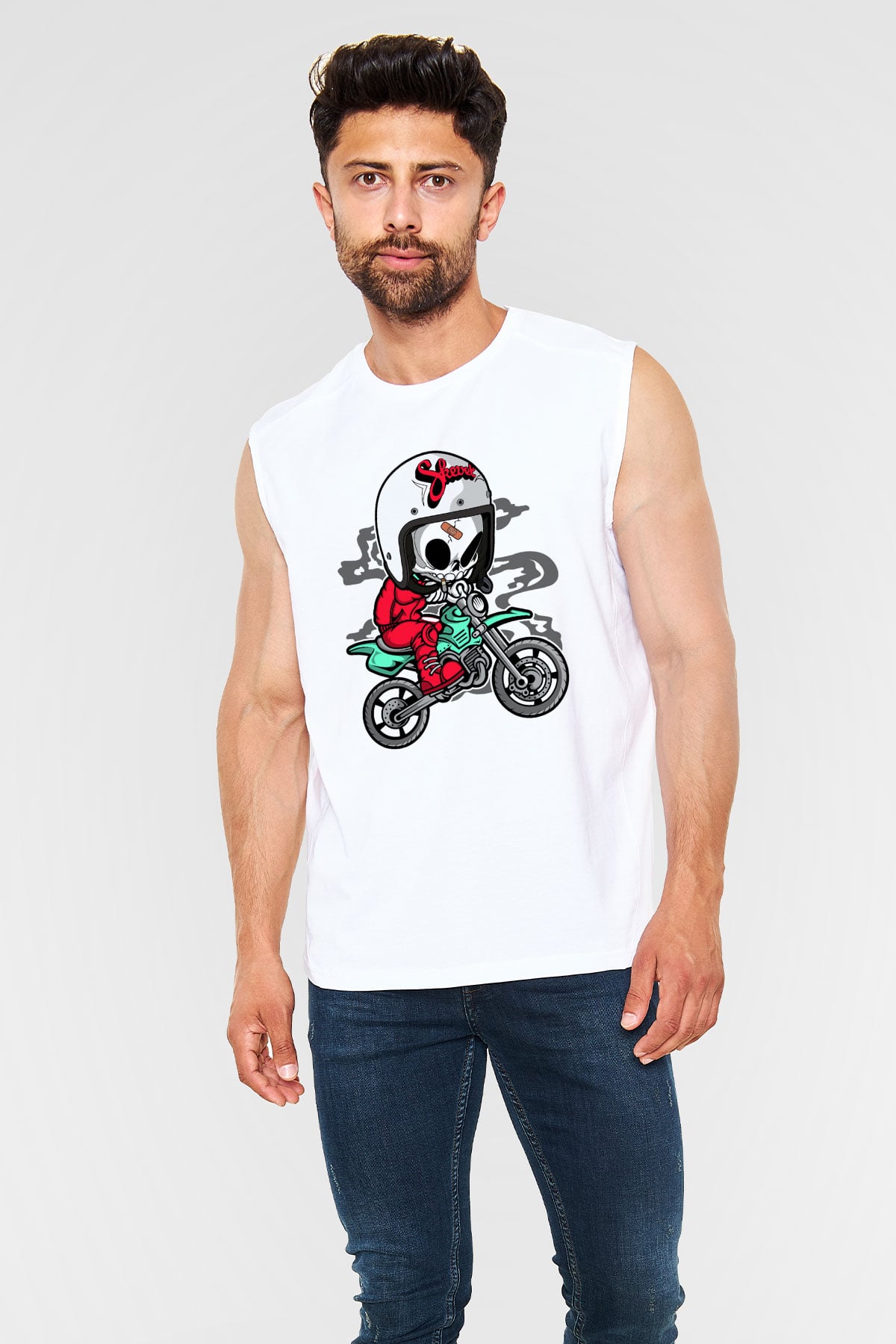 Skull Motocrosser Baskılı Beyaz Unisex Kolsuz Tişört