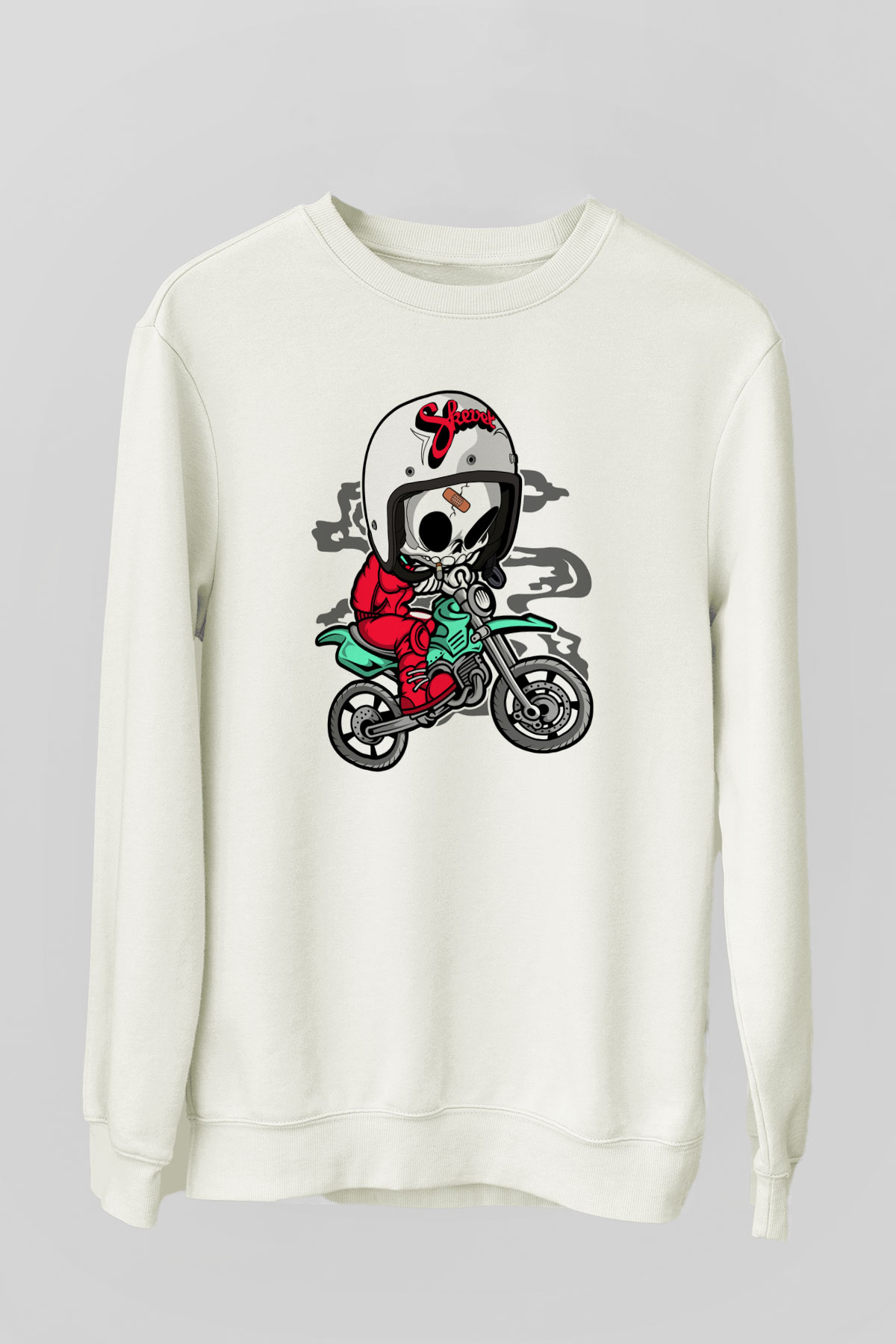 Skull Motocrosser Baskılı Beyaz Unisex Sweatshirt