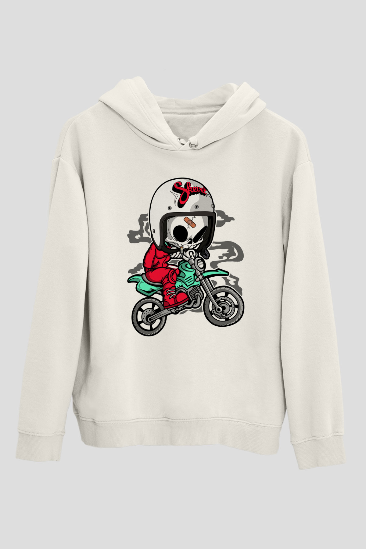 Skull Motocrosser Baskılı Beyaz Unisex Hoodie