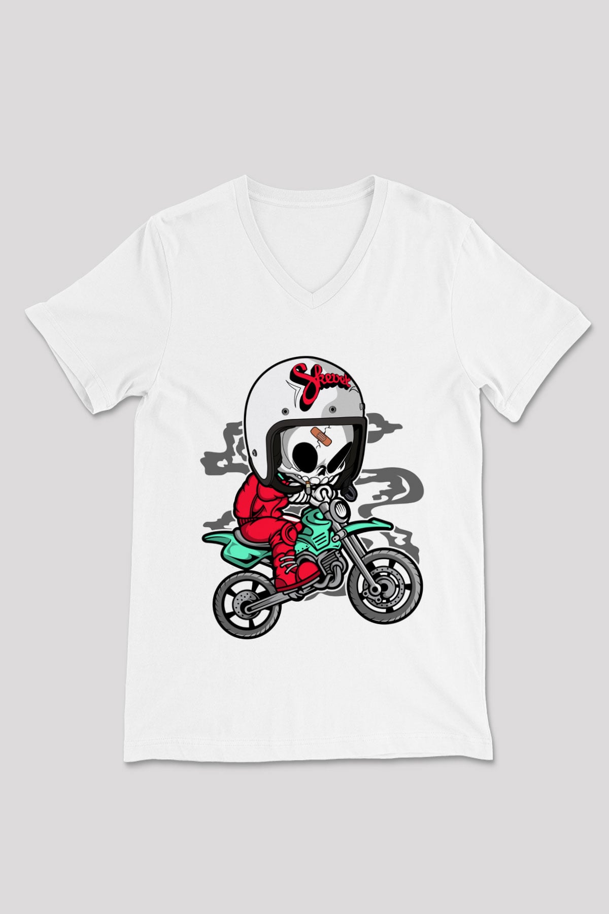 Skull Motocrosser Baskılı Beyaz Unisex V Yaka Tişört