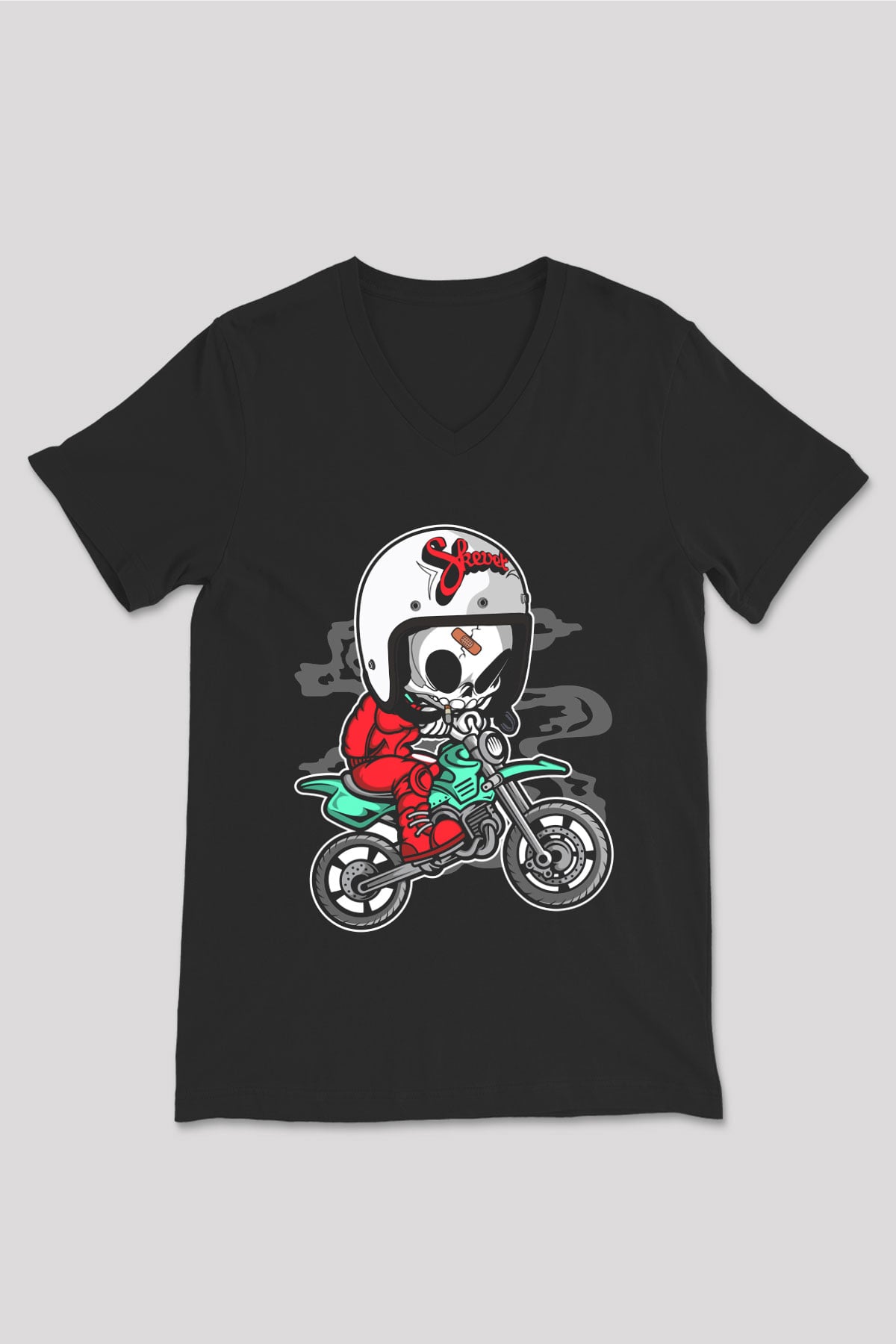 Skull Motocrosser Baskılı Siyah Unisex V Yaka Tişört