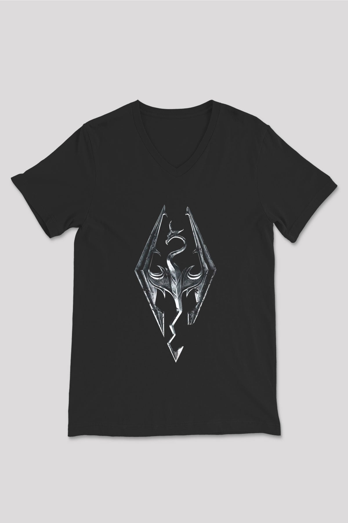 Skyrim Baskılı Unisex Siyah V Yaka Tişört - Tshirt