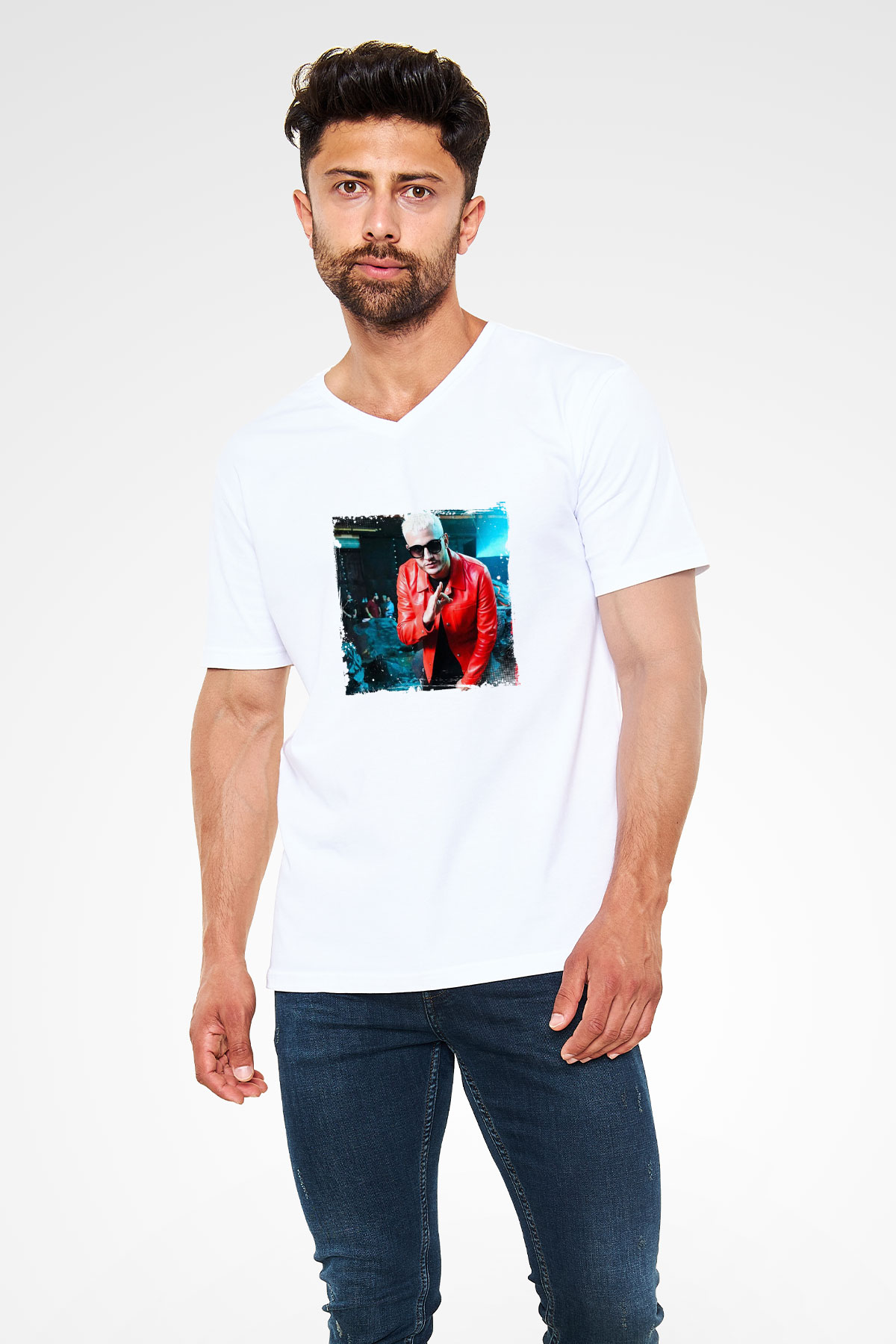 Snake Baskılı Beyaz V Yaka Unisex Tişört