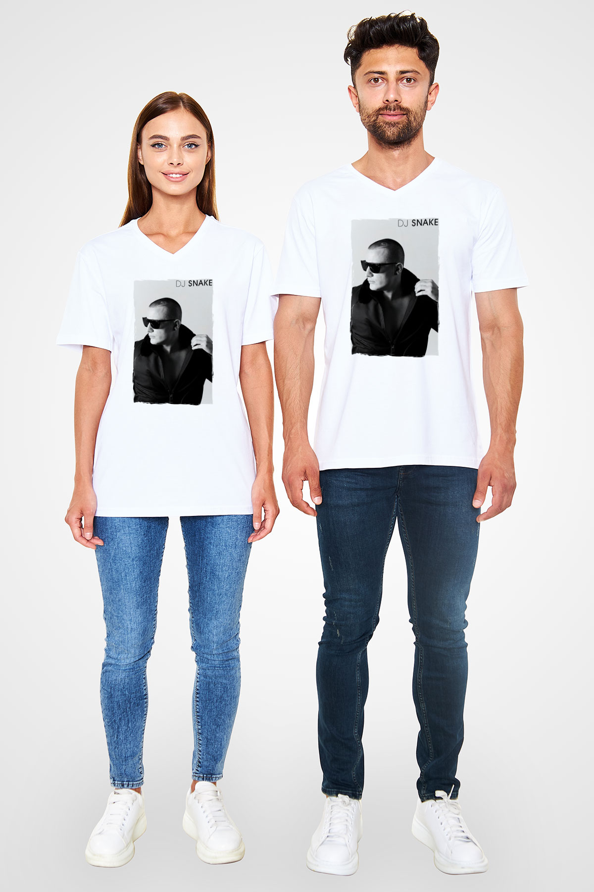 Snake Beyaz Unisex V Yaka Tişört