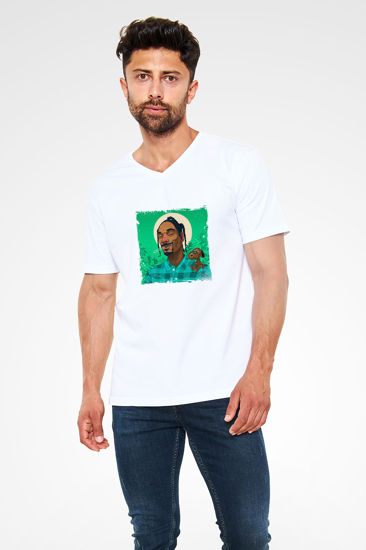 Snoop Dogg Baskılı Beyaz V Yaka Unisex Tişört