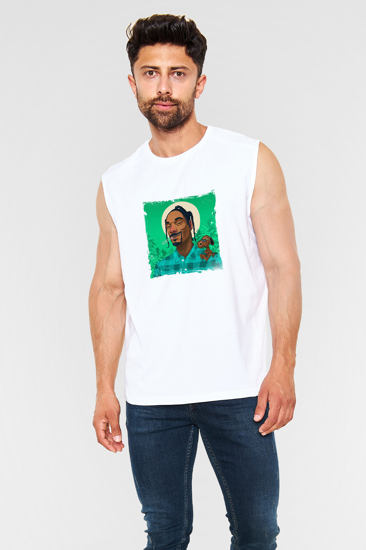 Snoop Dogg Baskılı Unisex Beyaz Kolsuz Tişört