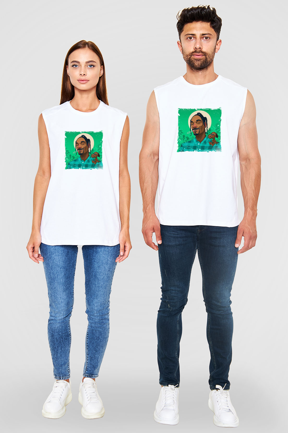 Snoop Dogg Baskılı Unisex Beyaz Kolsuz Tişört