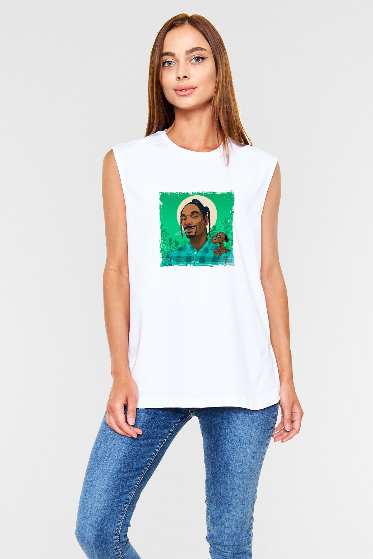 Snoop Dogg Baskılı Unisex Beyaz Kolsuz Tişört