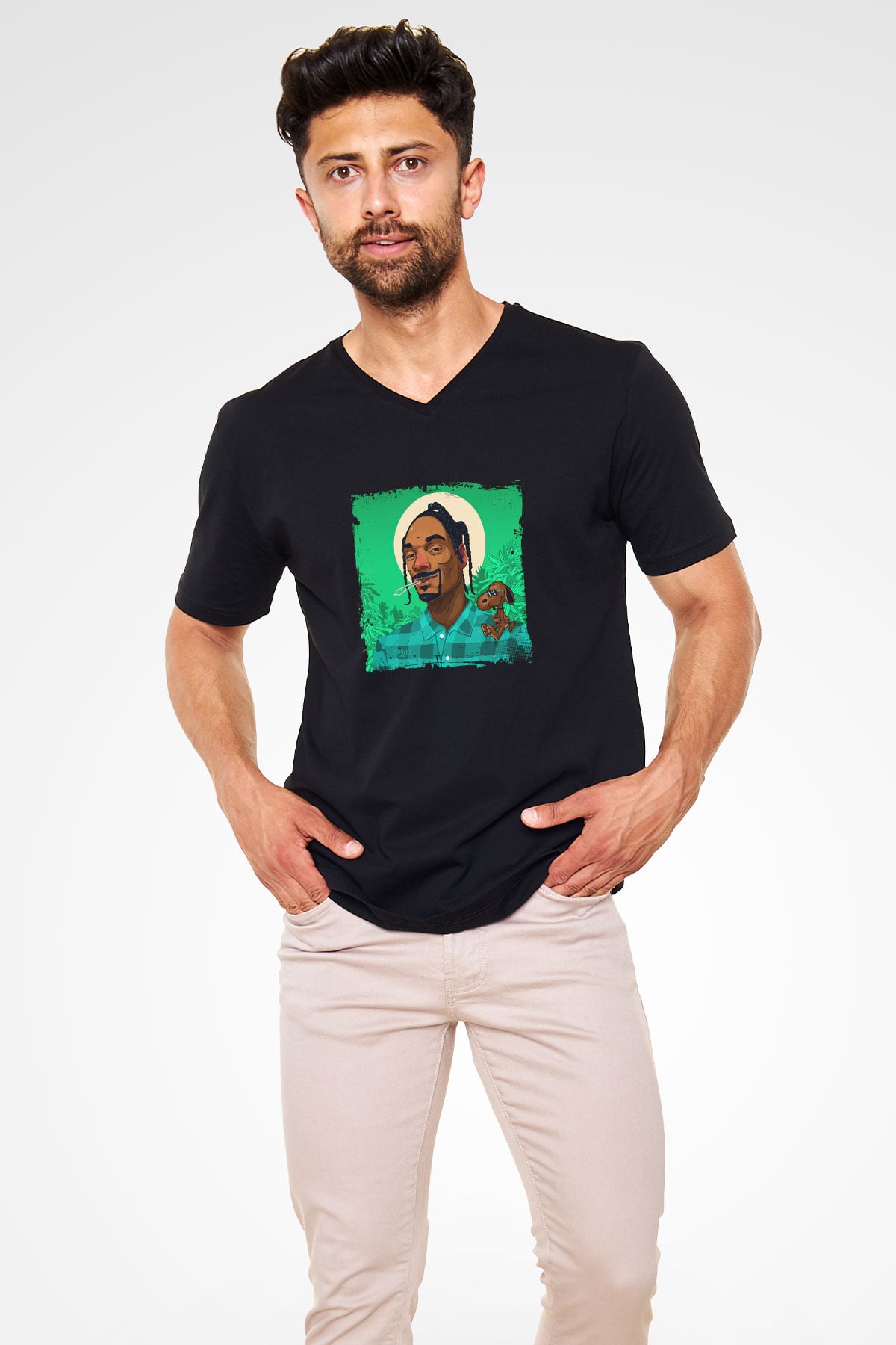 Snoop Dogg Baskılı Unisex Siyah V Yaka Tişört