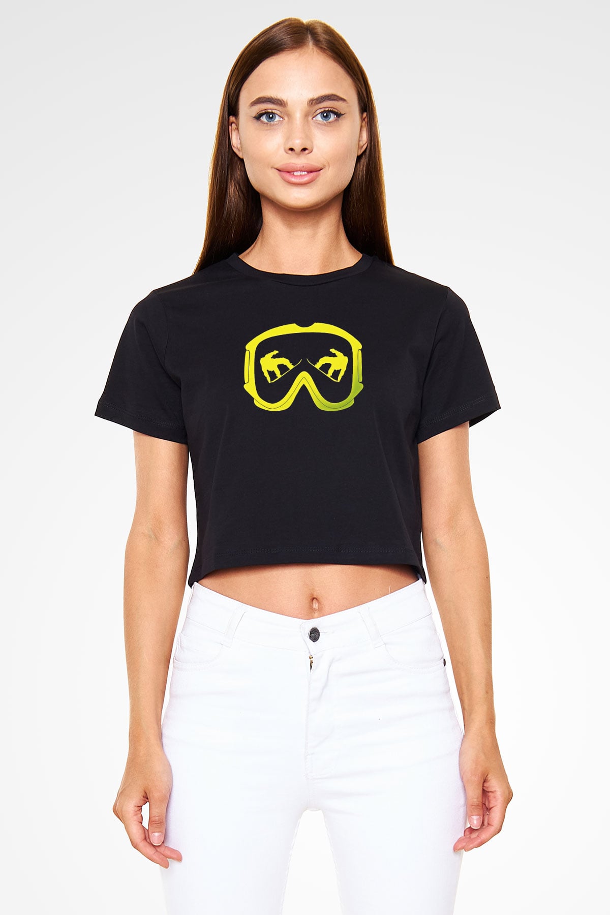 Snowboarding Baskılı Crop Top Siyah Kadın Tişört - Tshirt