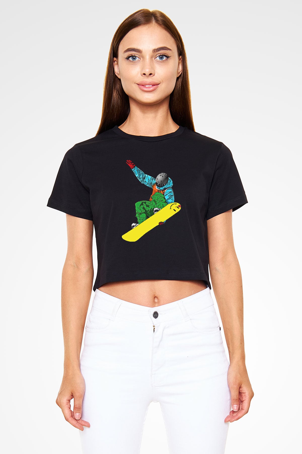 Snowboarding Baskılı Crop Top Siyah Kadın Tişört - Tshirt