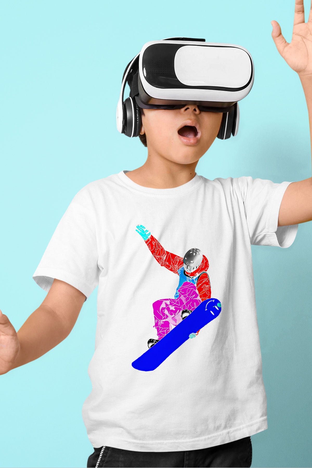 Snowboarding Baskılı Unisex Beyaz Çocuk Tişört - Tshirt