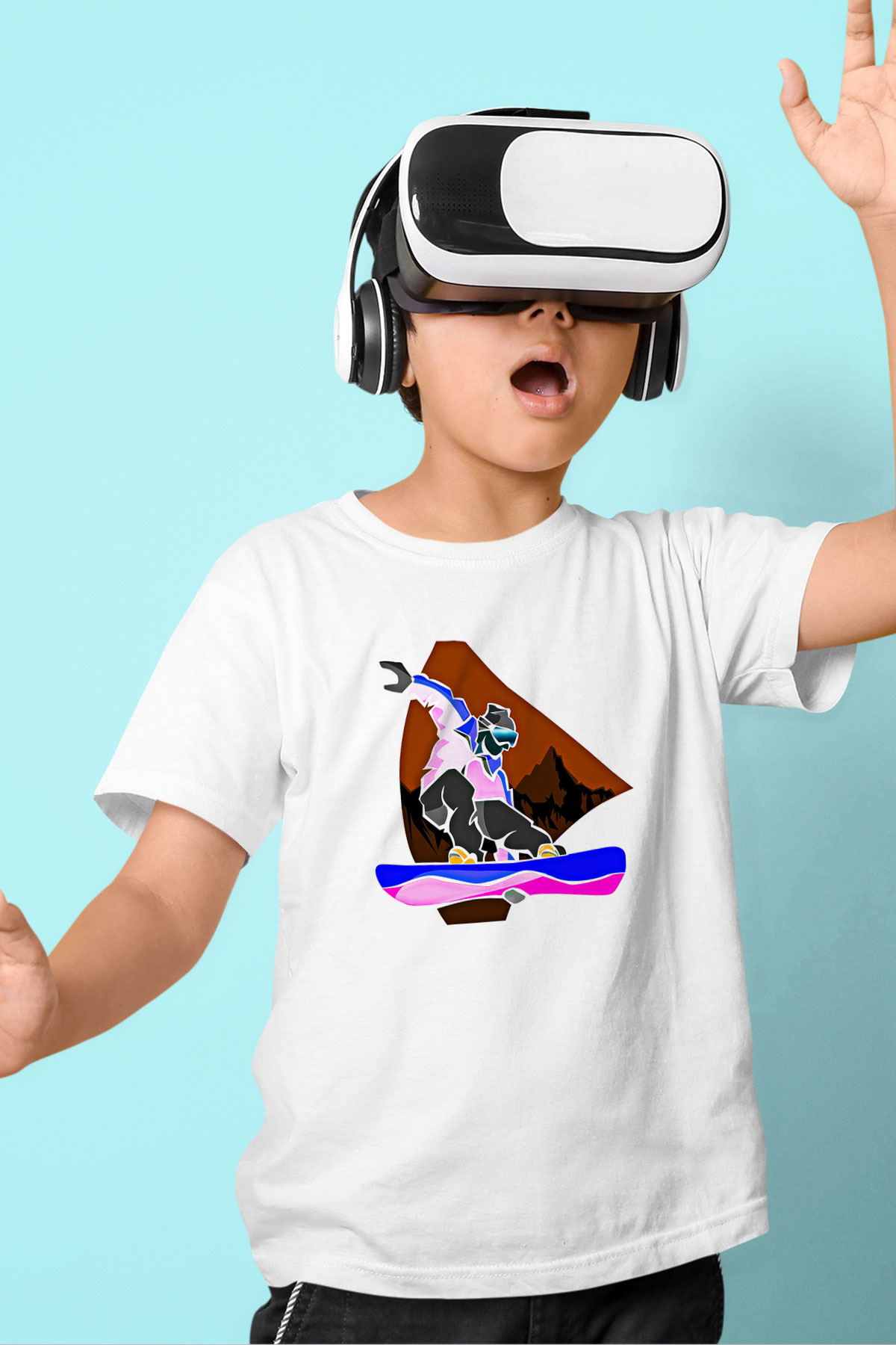 Snowboarding Baskılı Unisex Beyaz Çocuk Tişört - Tshirt