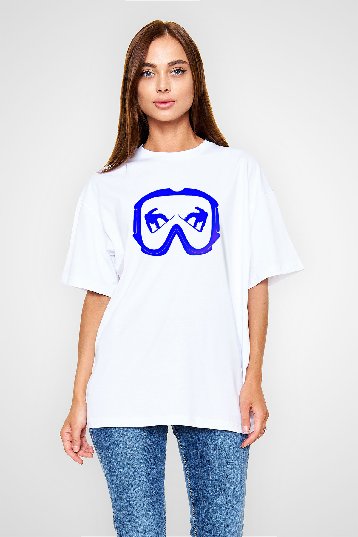 Snowboarding Baskılı Unisex Beyaz Oversize Tişört - Tshirt
