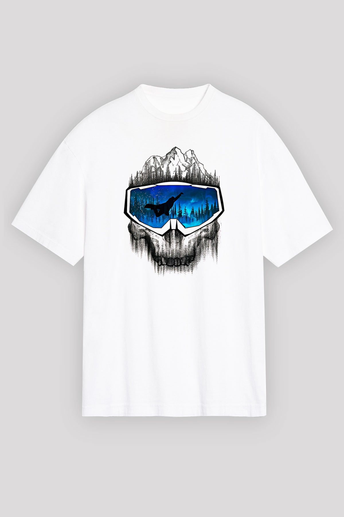 Snowboarding Baskılı Unisex Beyaz Oversize Tişört - Tshirt