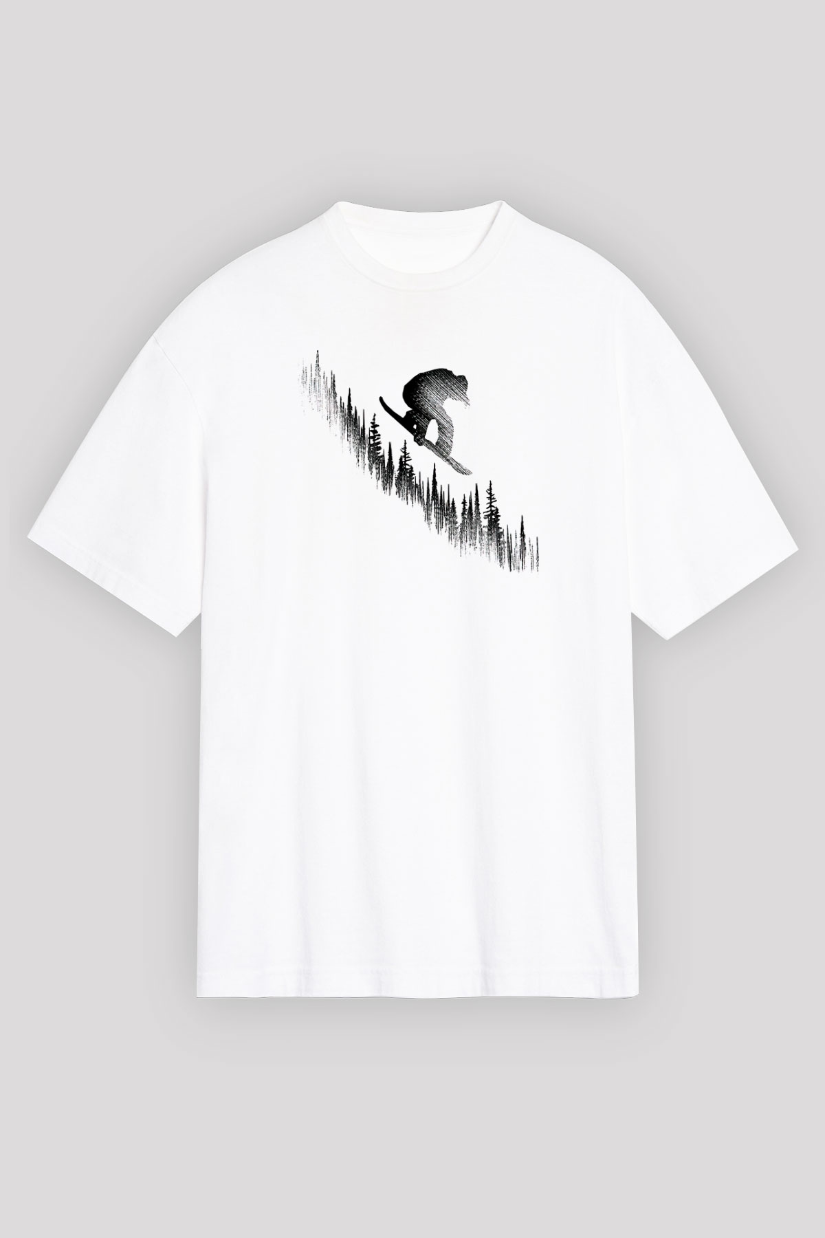Snowboarding Baskılı Unisex Beyaz Oversize Tişört - Tshirt