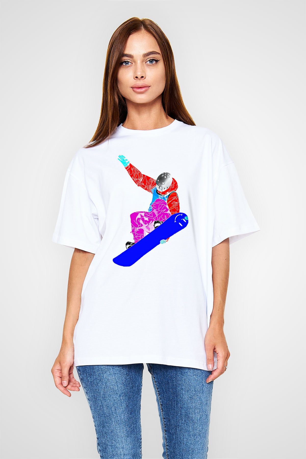 Snowboarding Baskılı Unisex Beyaz Oversize Tişört - Tshirt