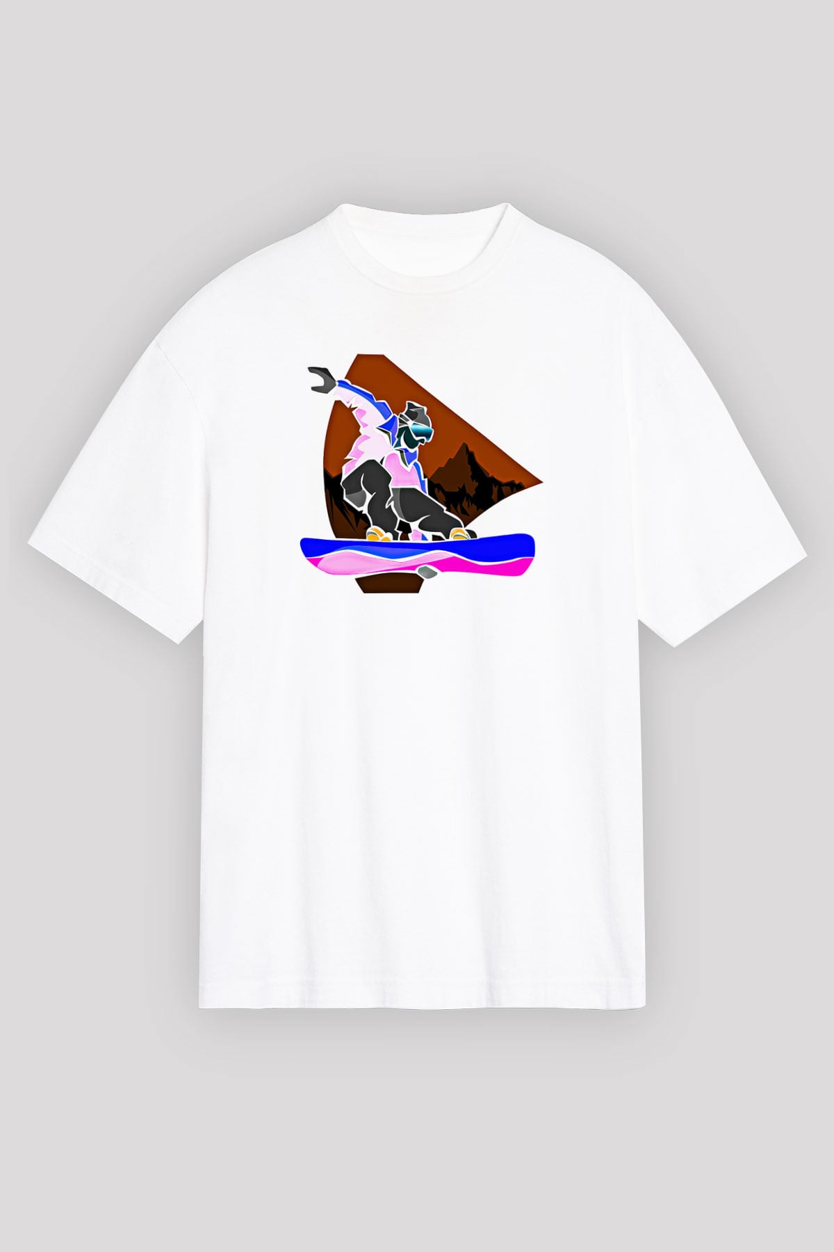 Snowboarding Baskılı Unisex Beyaz Oversize Tişört - Tshirt
