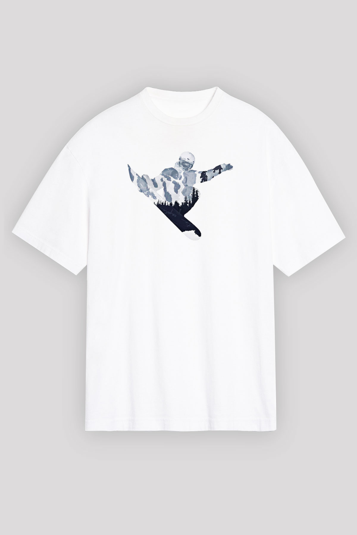 Snowboarding Baskılı Unisex Beyaz Oversize Tişört - Tshirt