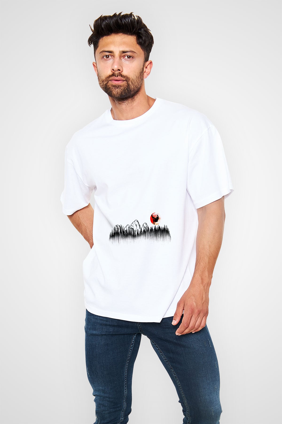 Snowboarding Baskılı Unisex Beyaz Oversize Tişört - Tshirt