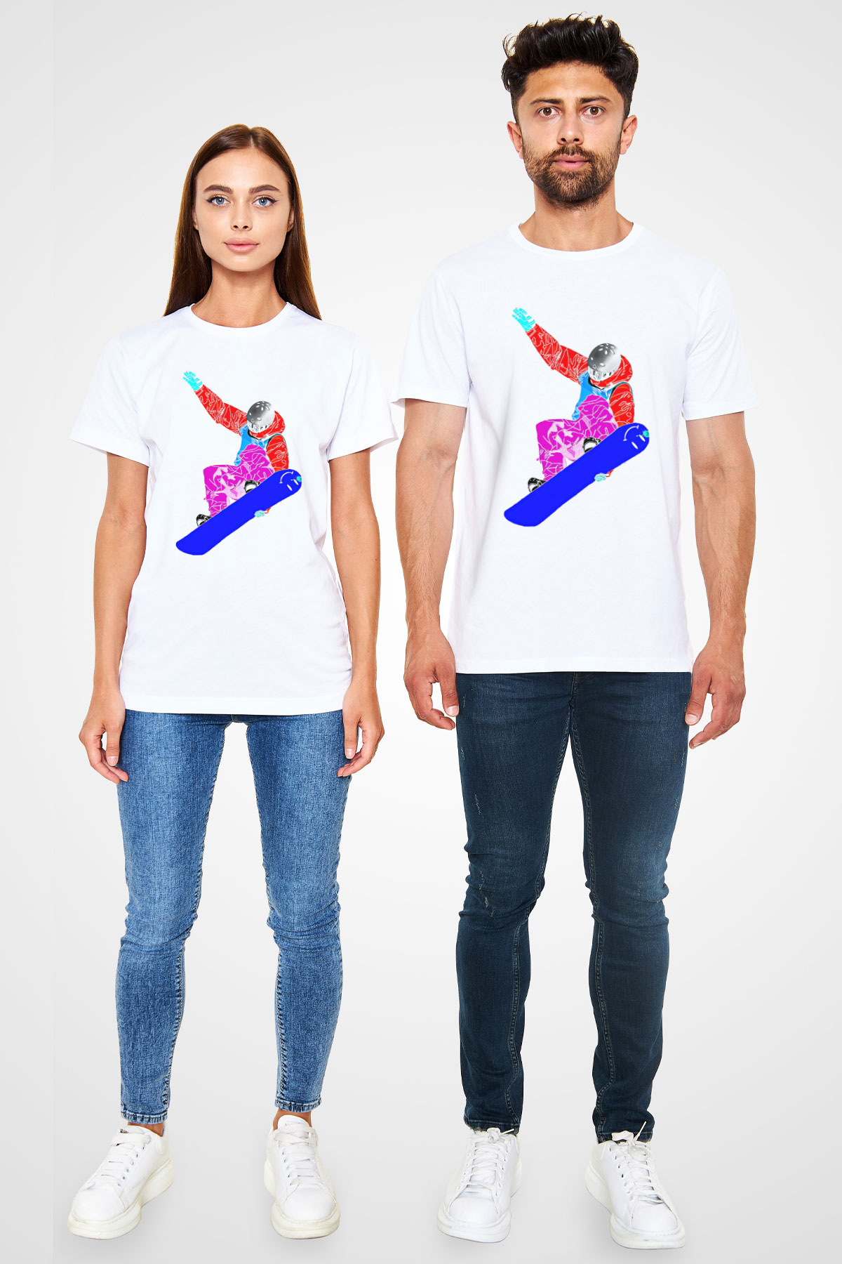 Snowboarding Baskılı Unisex Beyaz Tişört - Tshirt