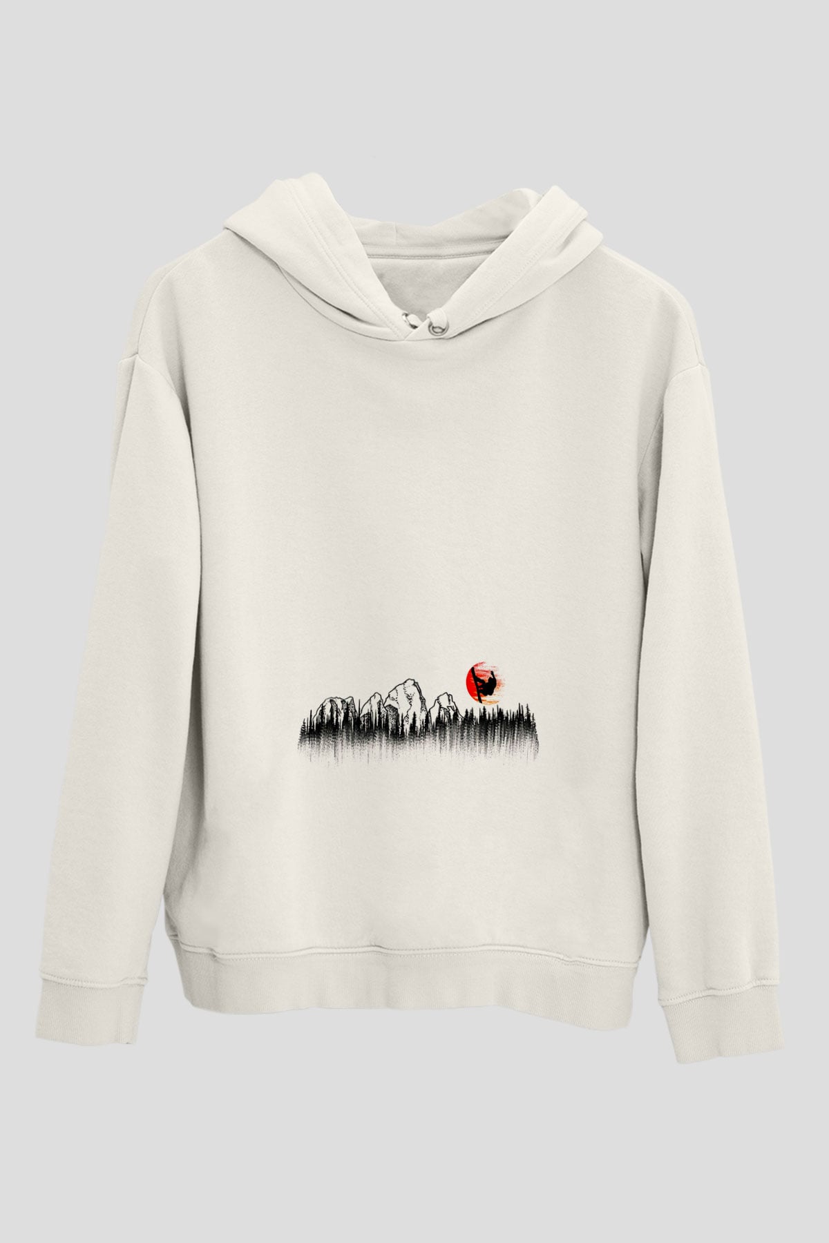 Snowboarding Baskılı Unisex Ekru Hoodie