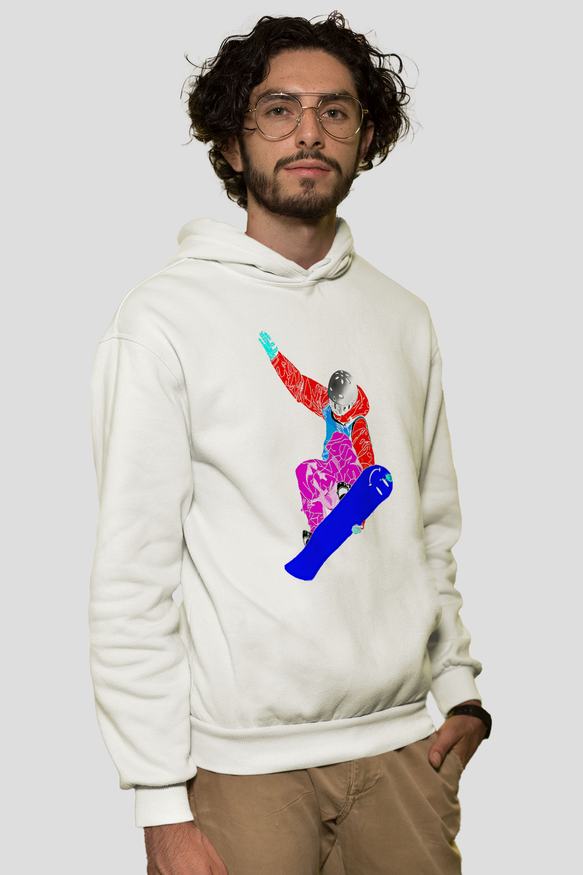 Snowboarding Baskılı Unisex Ekru Hoodie