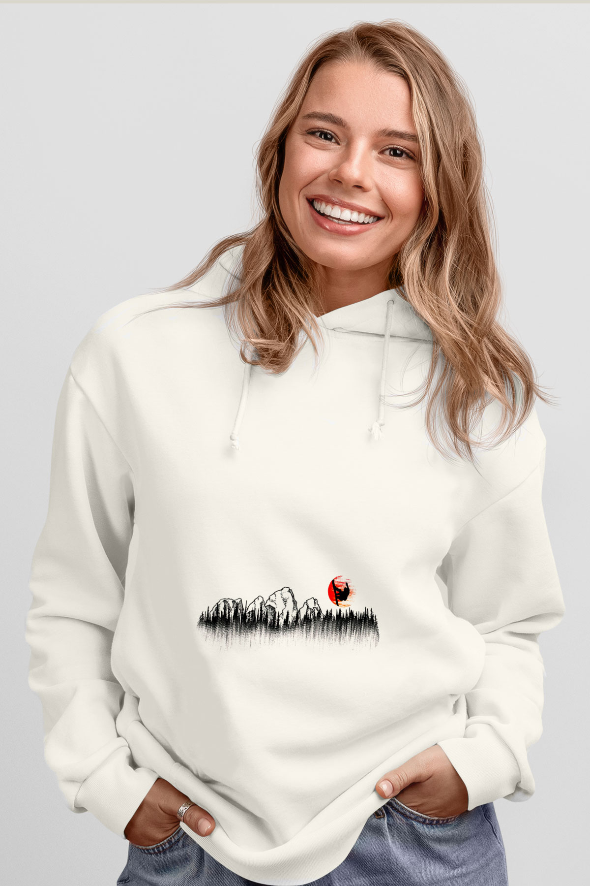 Snowboarding Baskılı Unisex Ekru Hoodie