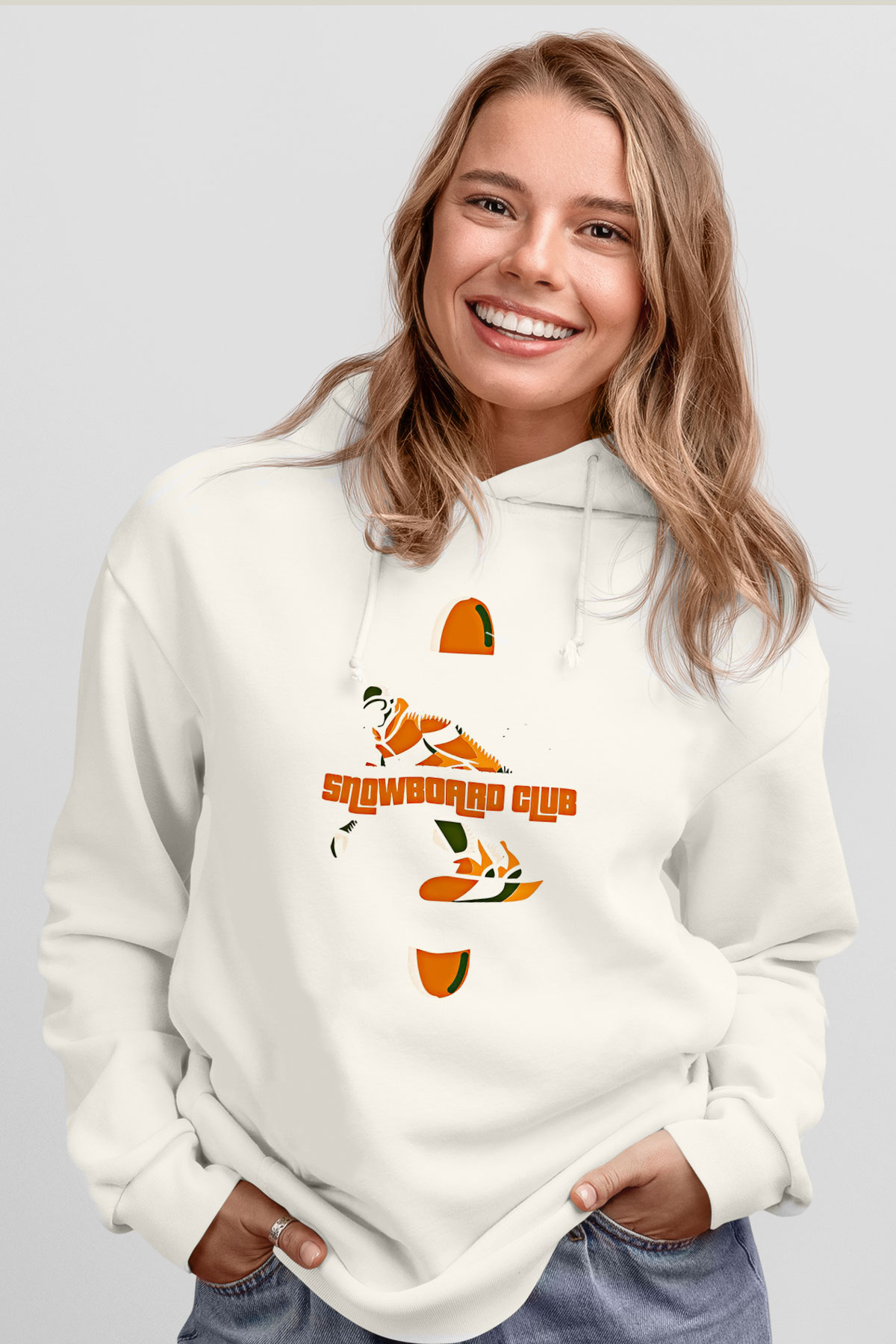 Snowboarding Baskılı Unisex Ekru Hoodie