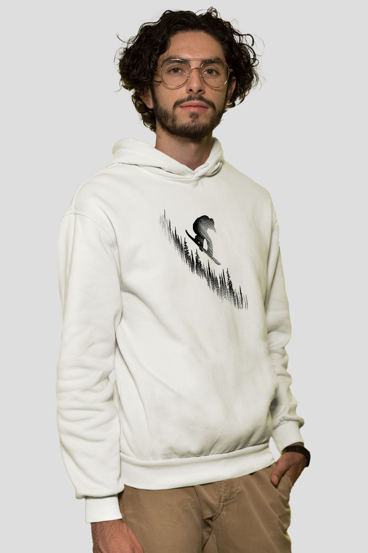 Snowboarding Baskılı Unisex Ekru Hoodie