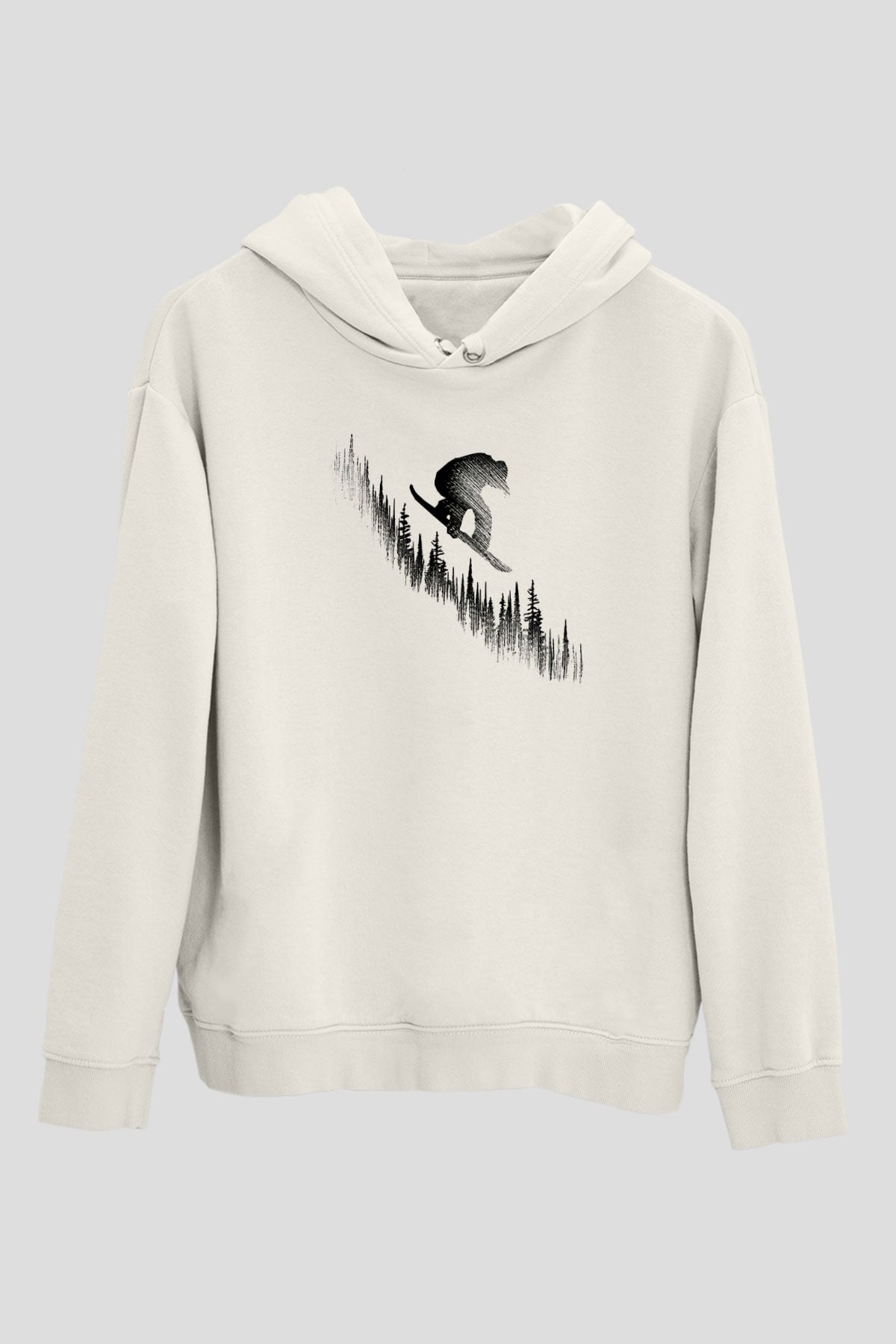 Snowboarding Baskılı Unisex Ekru Hoodie