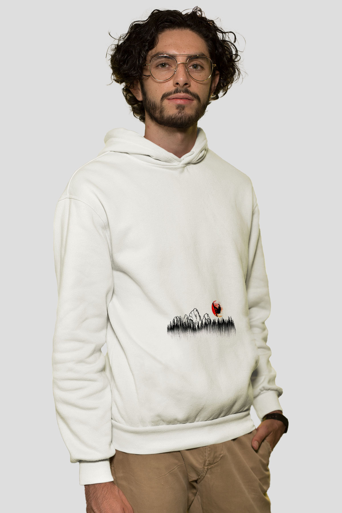 Snowboarding Baskılı Unisex Ekru Hoodie