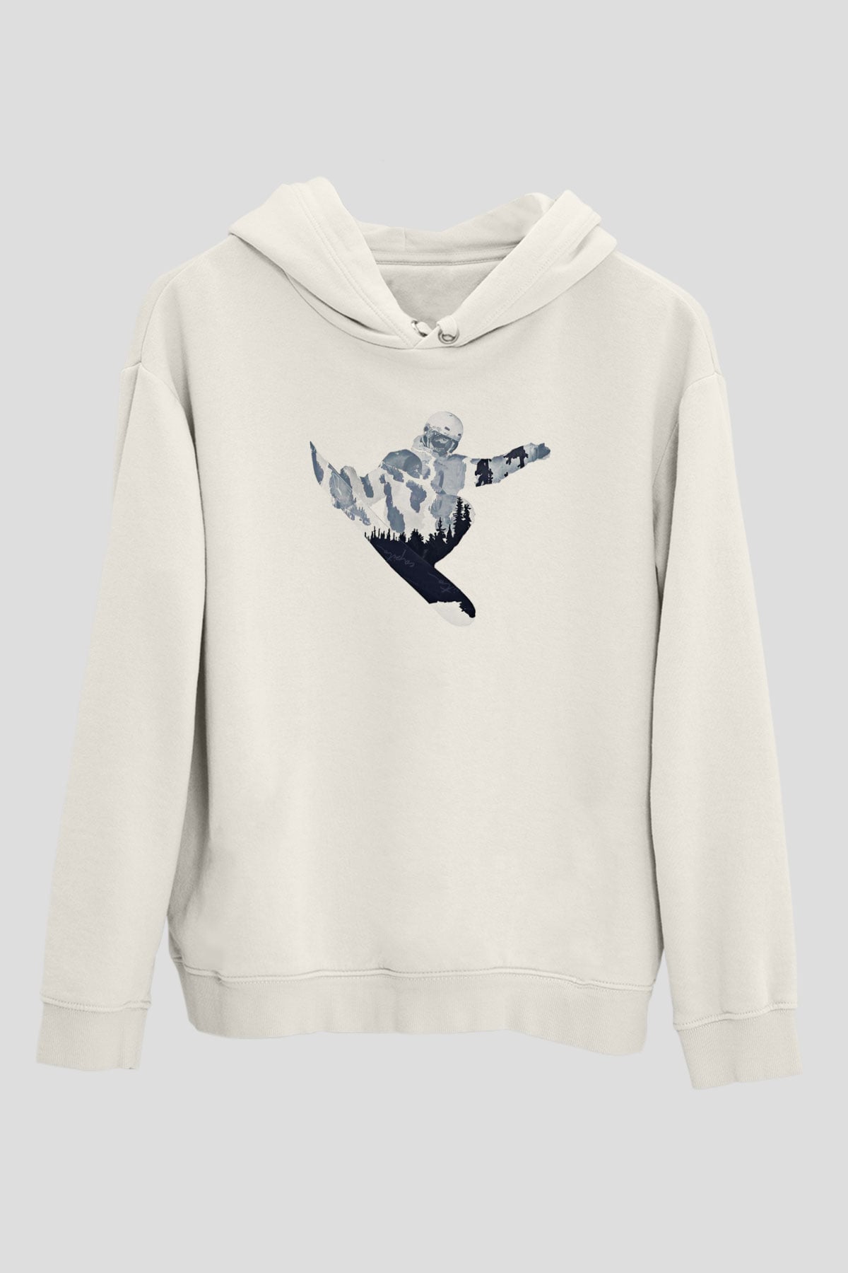 Snowboarding Baskılı Unisex Ekru Hoodie