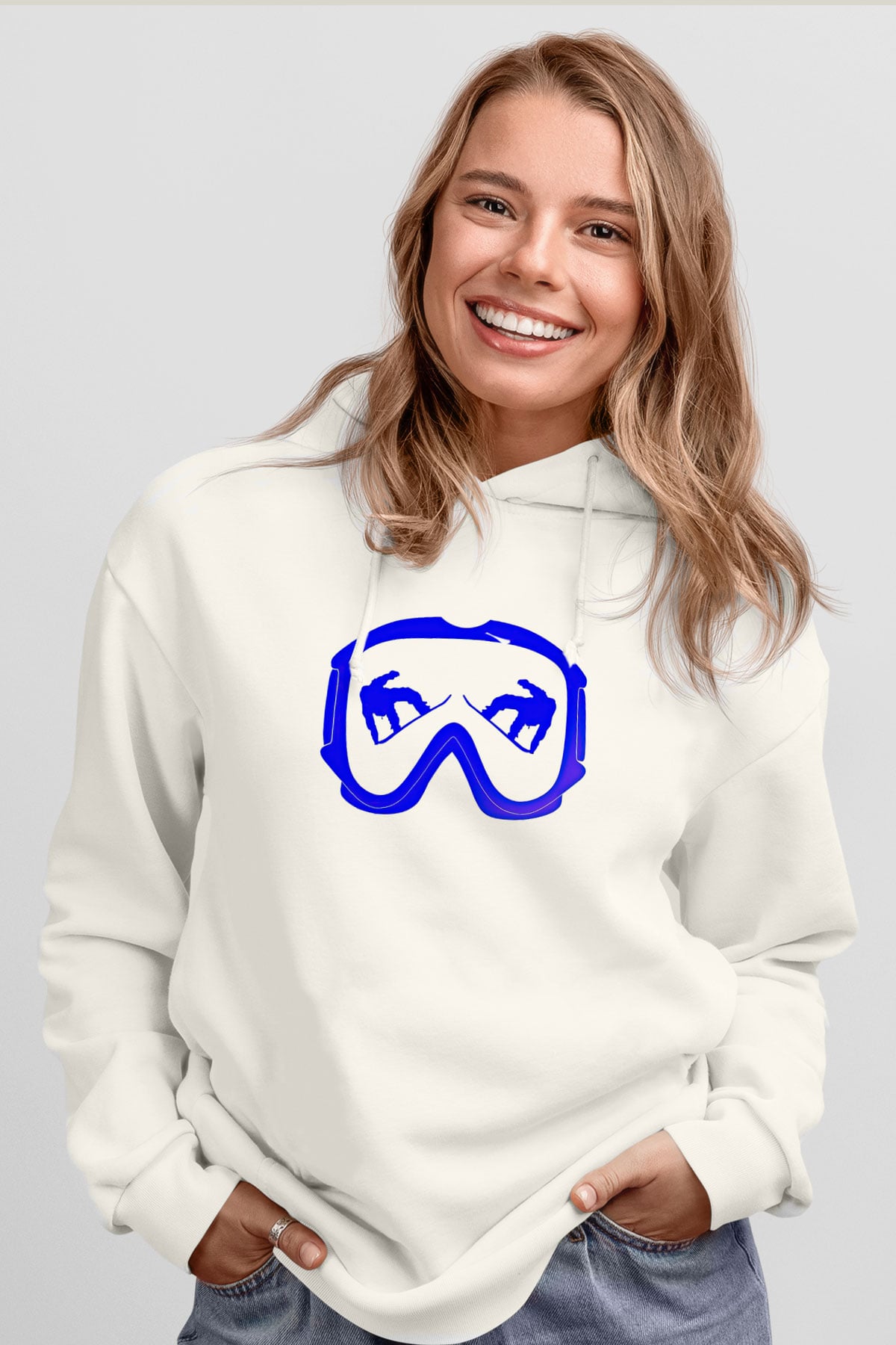 Snowboarding Baskılı Unisex Ekru Hoodie