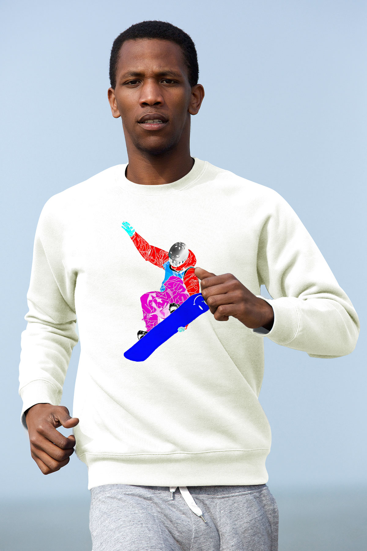 Snowboarding Baskılı Unisex Ekru Sweatshirt