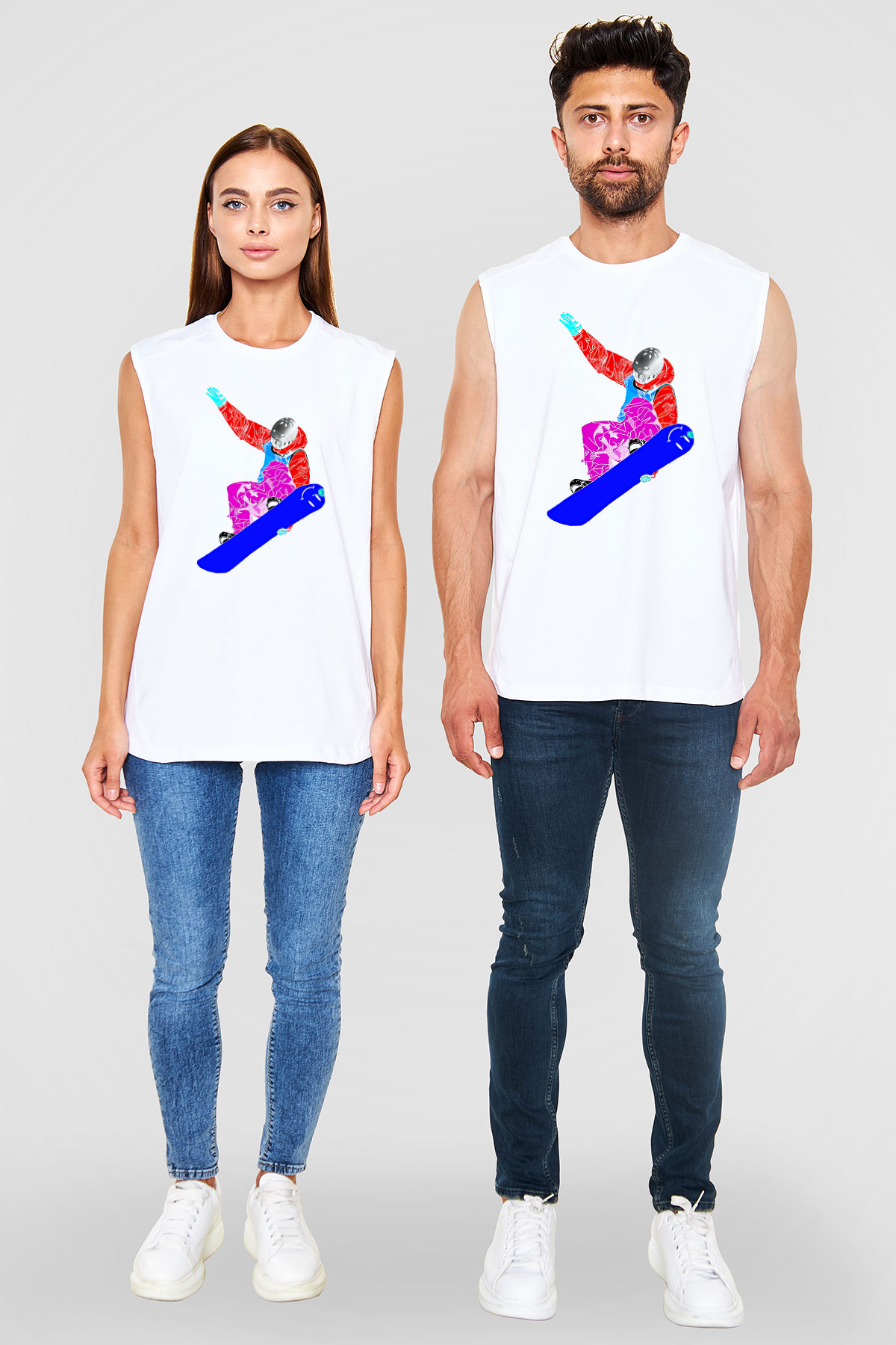 Snowboarding Baskılı Unisex Kolsuz Beyaz Tişört